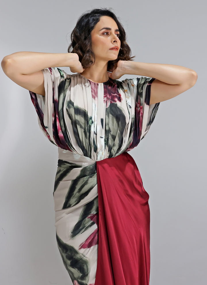Champagne and Red Printed Georgette Satin Gown