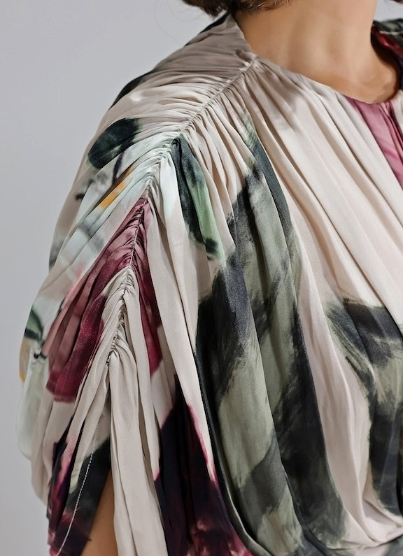 Champagne and Red Printed Georgette Satin Gown