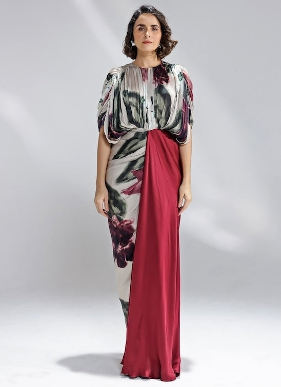 Champagne and Red Printed Georgette Satin Gown