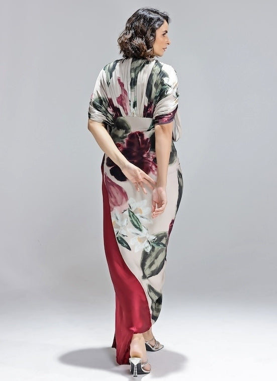 Champagne and Red Printed Georgette Satin Gown
