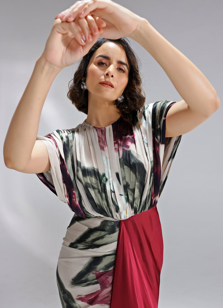 Champagne and Red Printed Georgette Satin Gown
