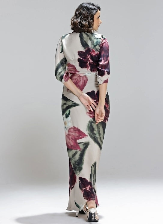 Champagne Printed Georgette Satin Shirt With Skirt Set