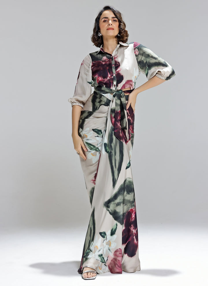 Champagne Printed Georgette Satin Shirt With Skirt Set
