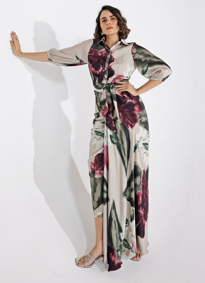 Champagne Printed Georgette Satin Shirt With Skirt Set
