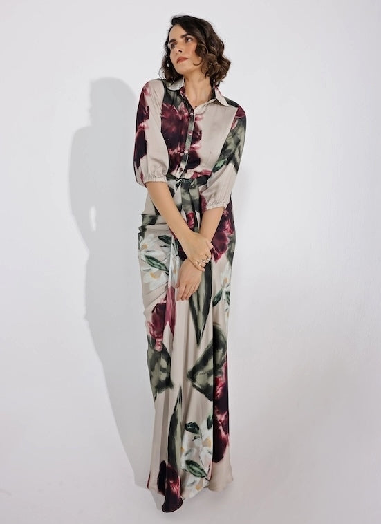 Champagne Printed Georgette Satin Shirt With Skirt Set