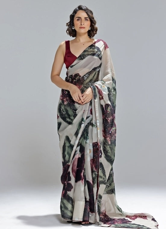 Champagne Printed Organza Saree