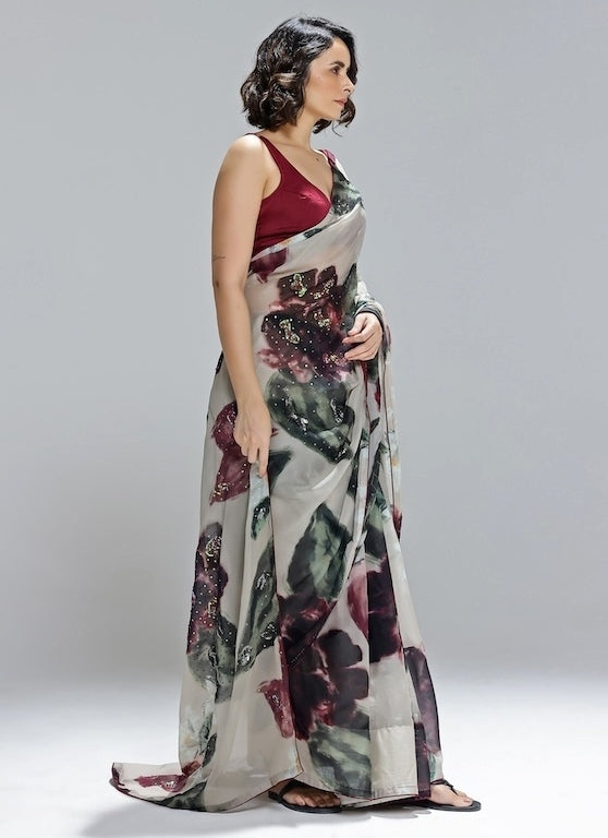 Champagne Printed Organza Saree