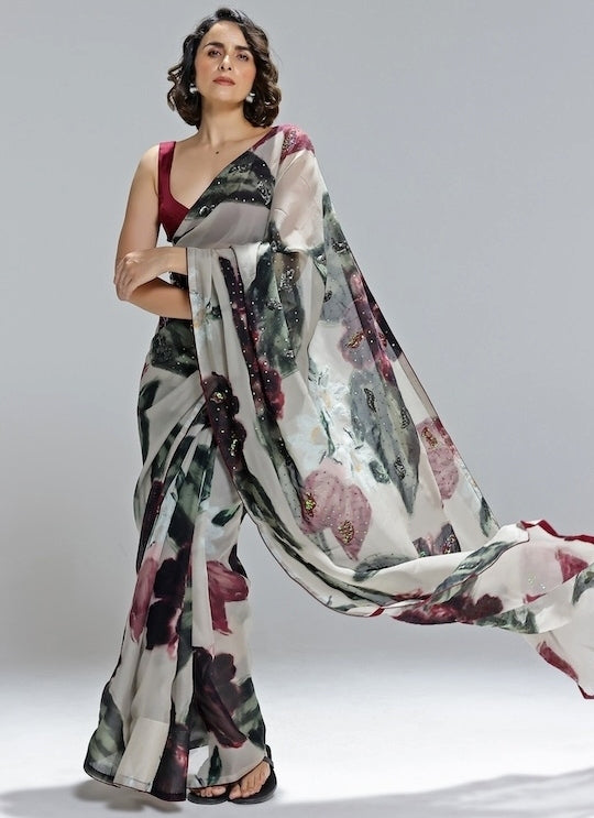 Champagne Printed Organza Saree