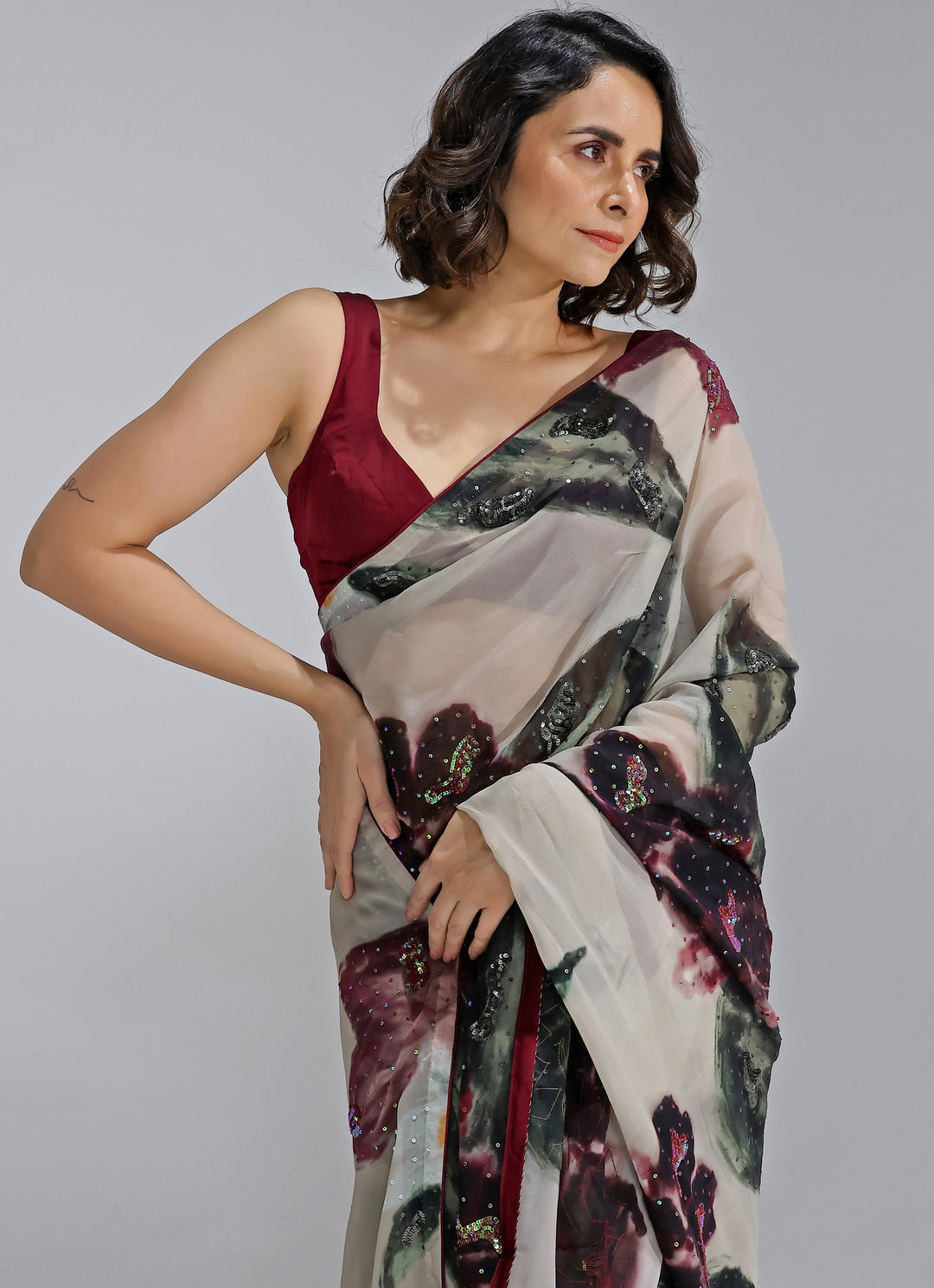 Champagne Printed Organza Saree