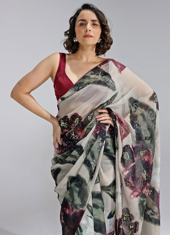 Champagne Printed Organza Saree