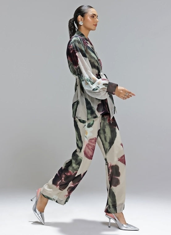 Champagne Printed Organza Jacket Pants Set