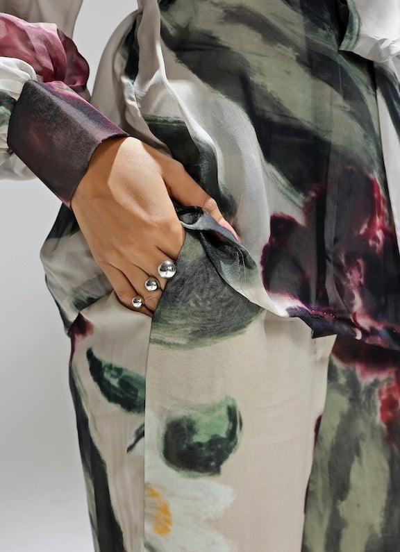 Champagne Printed Organza Jacket Pants Set