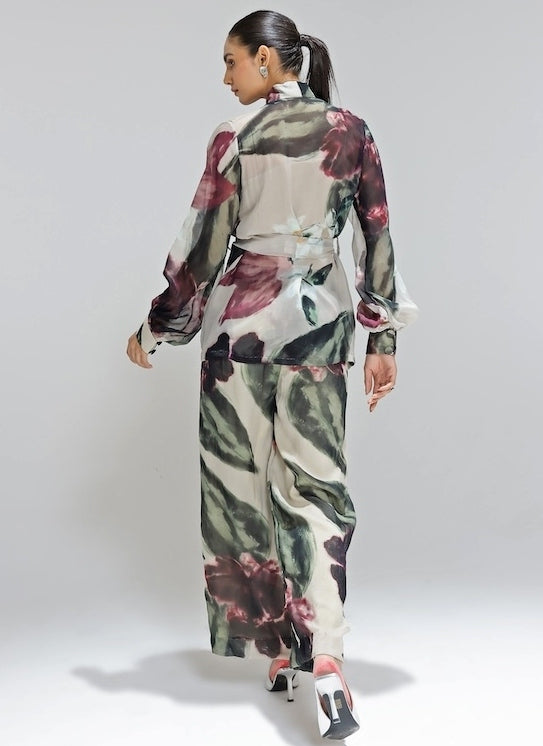 Champagne Printed Organza Jacket Pants Set