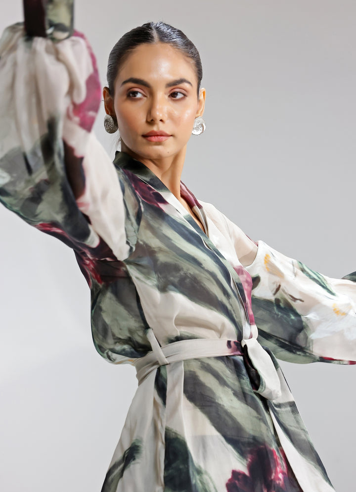 Champagne Printed Organza Jacket Pants Set