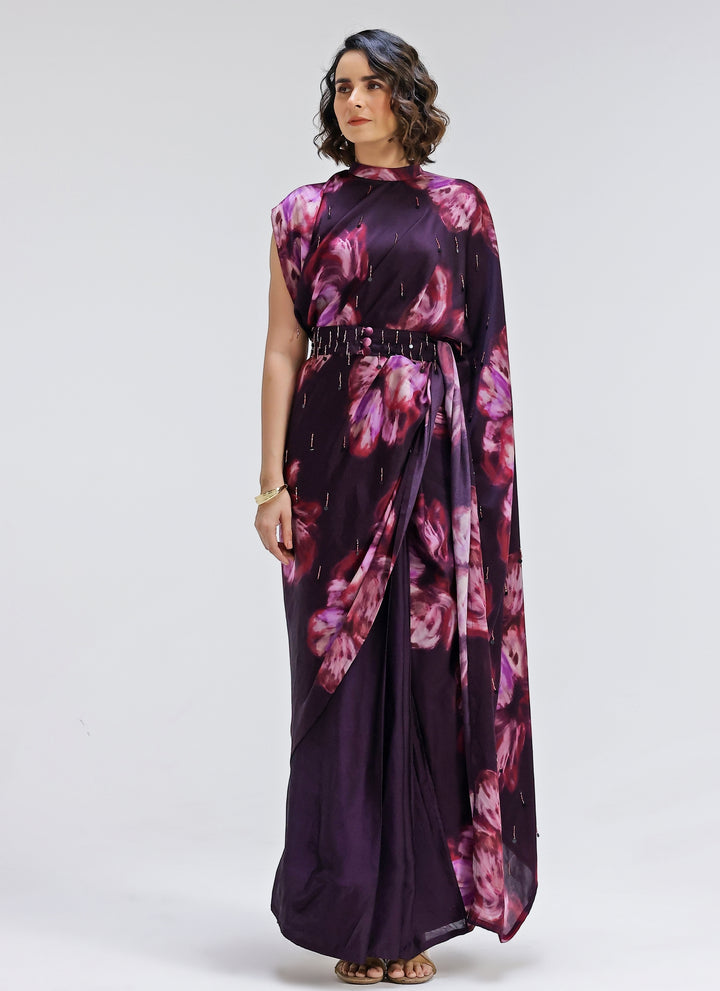 Plum Purple Printed Georgette Satin Pre-Draped Saree