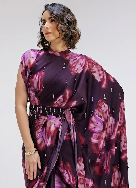 Plum Purple Printed Georgette Satin Pre-Draped Saree