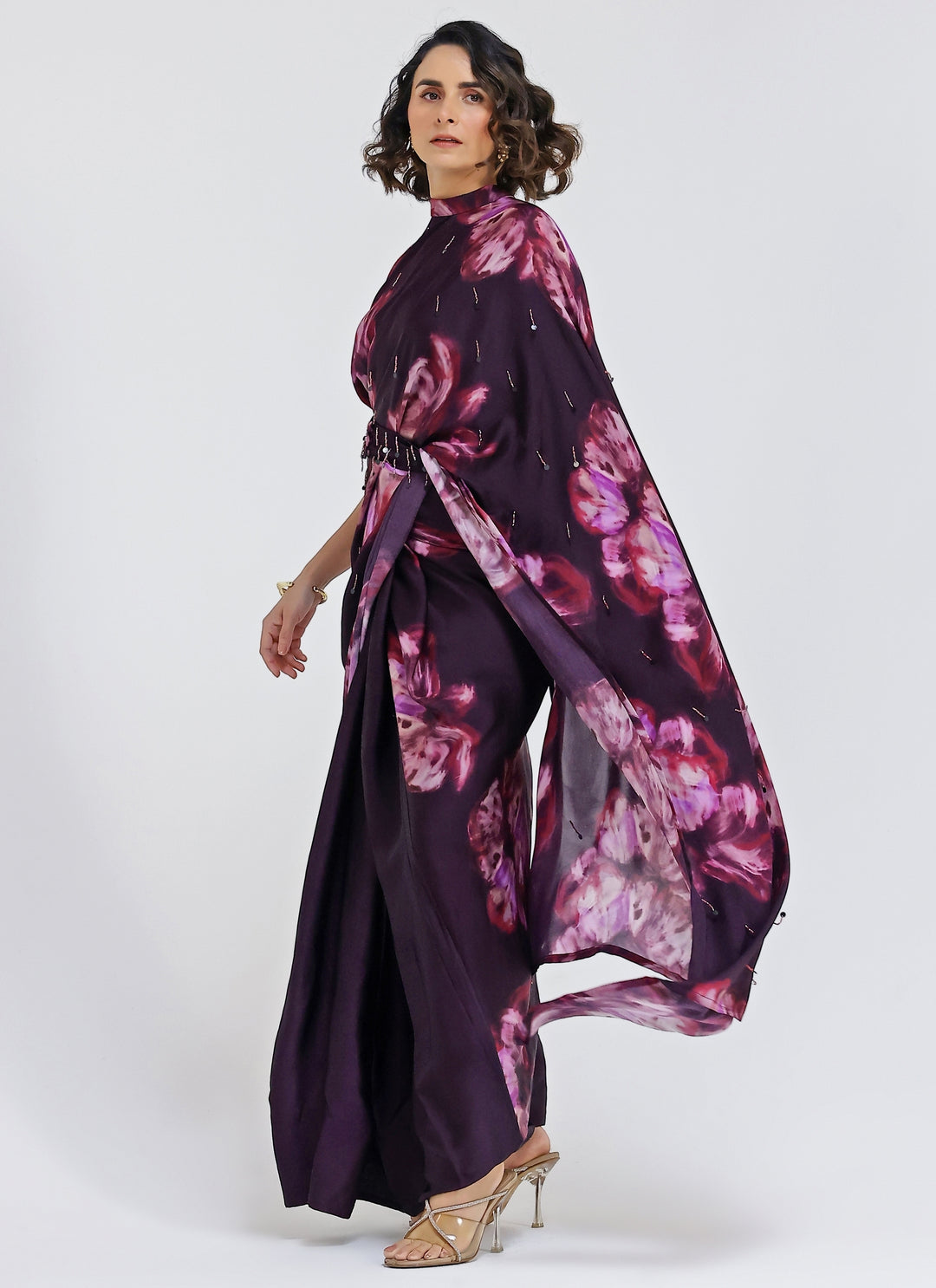 Plum Purple Printed Georgette Satin Pre-Draped Saree