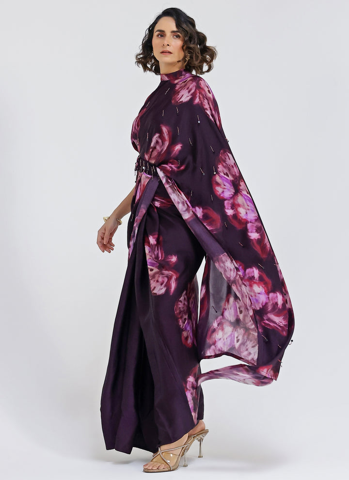Plum Purple Printed Georgette Satin Pre-Draped Saree