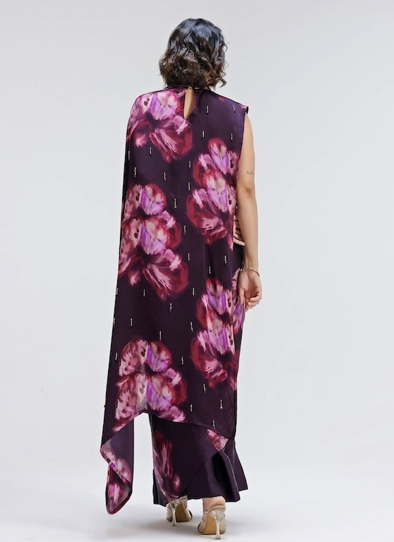 Plum Purple Printed Georgette Satin Pre-Draped Saree