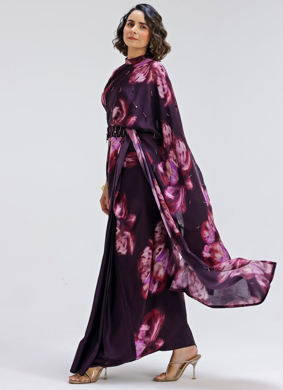 Plum Purple Printed Georgette Satin Pre-Draped Saree