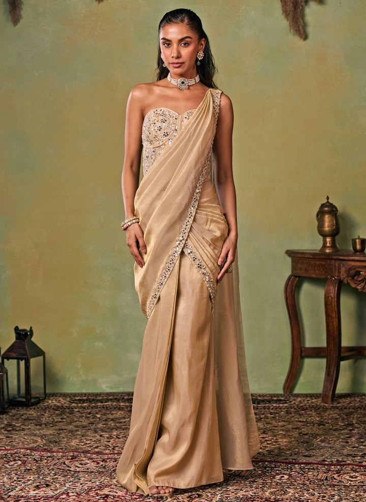 Gold Tissue Pre-Draped Saree With Corset Blouse