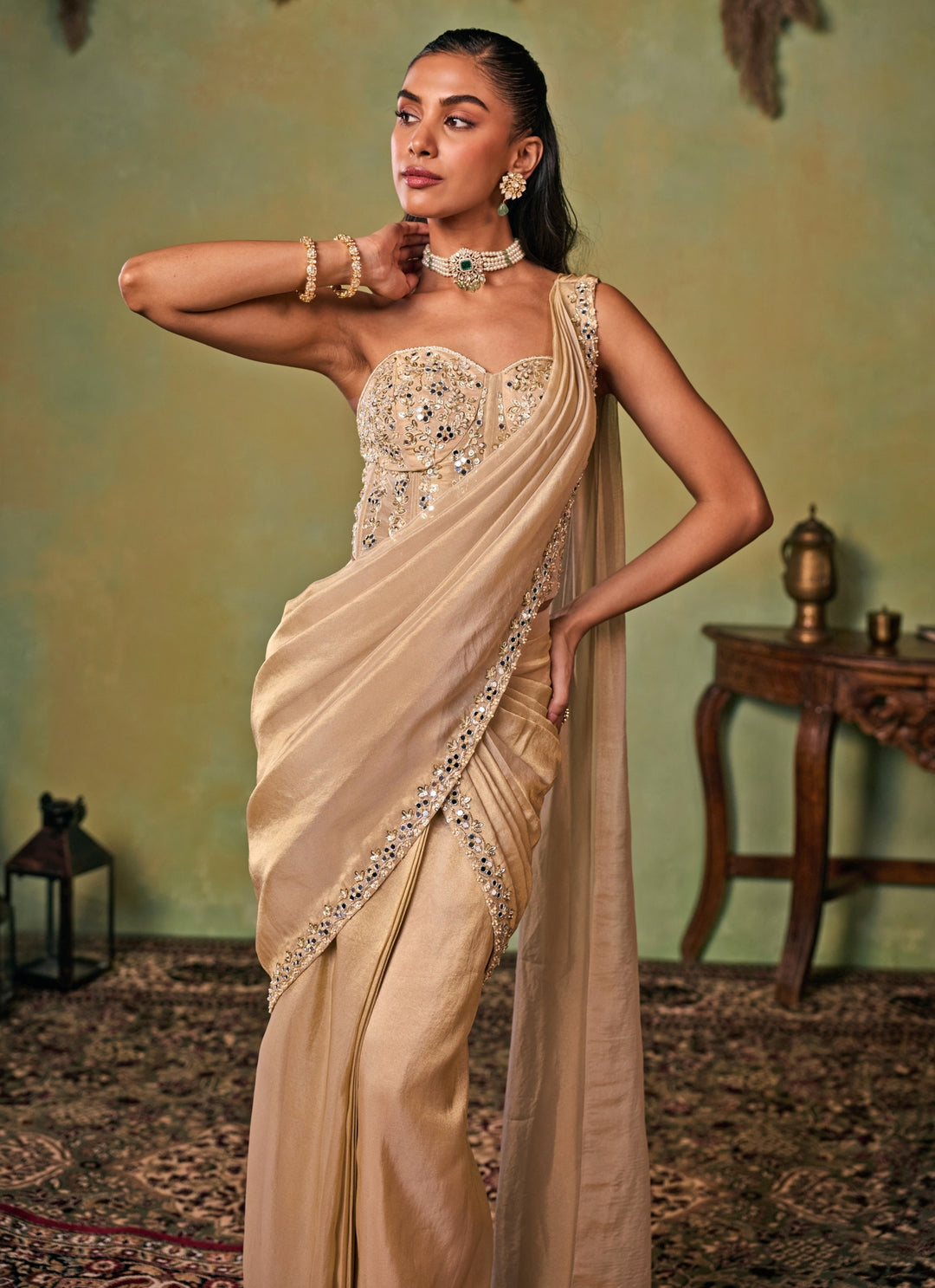 Gold Tissue Pre-Draped Saree With Corset Blouse