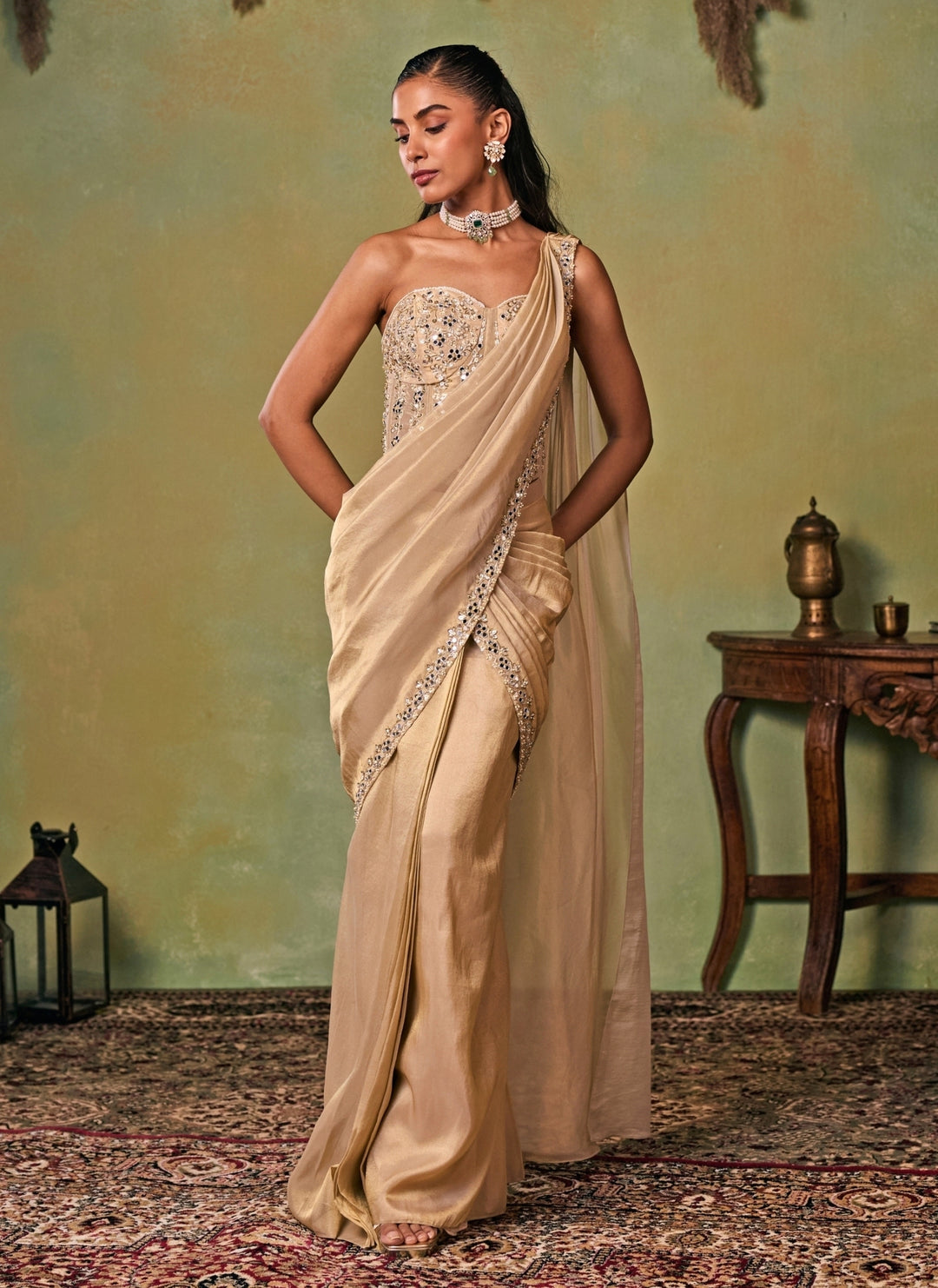Gold Tissue Pre-Draped Saree With Corset Blouse