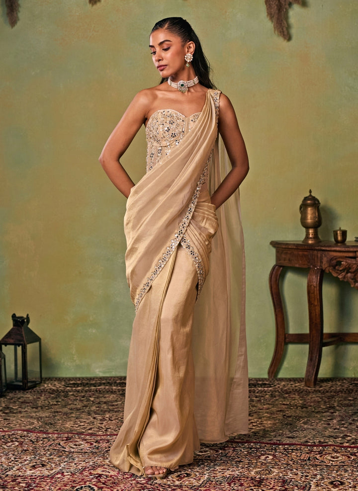 Gold Tissue Pre-Draped Saree With Corset Blouse