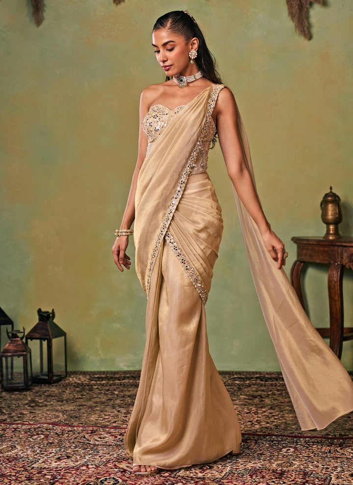 Gold Tissue Pre-Draped Saree With Corset Blouse