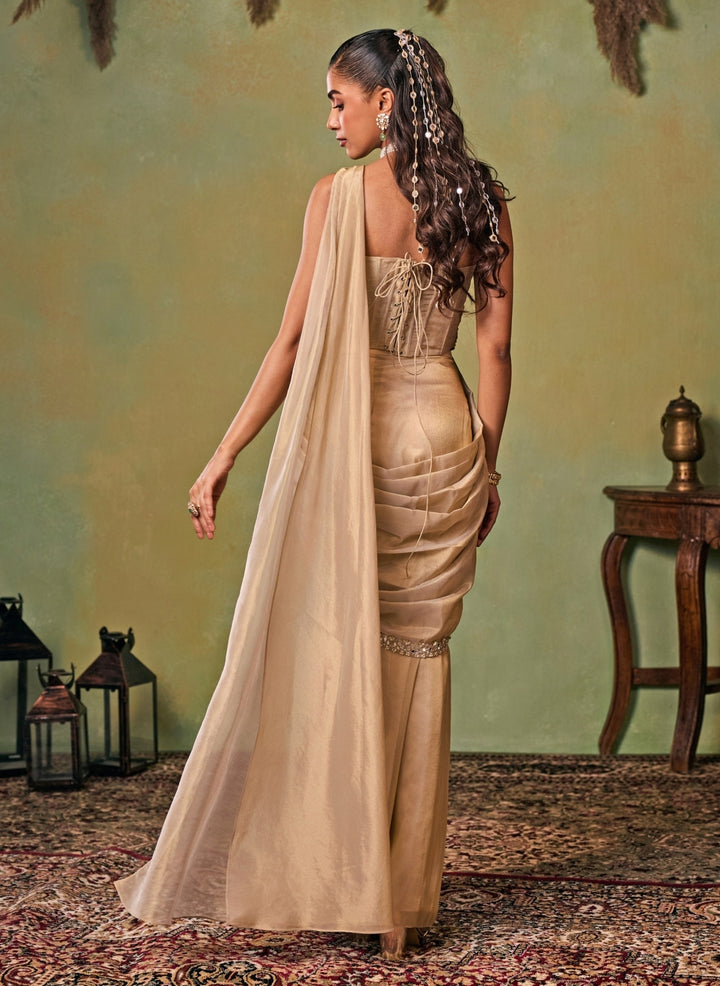 Gold Tissue Pre-Draped Saree With Corset Blouse