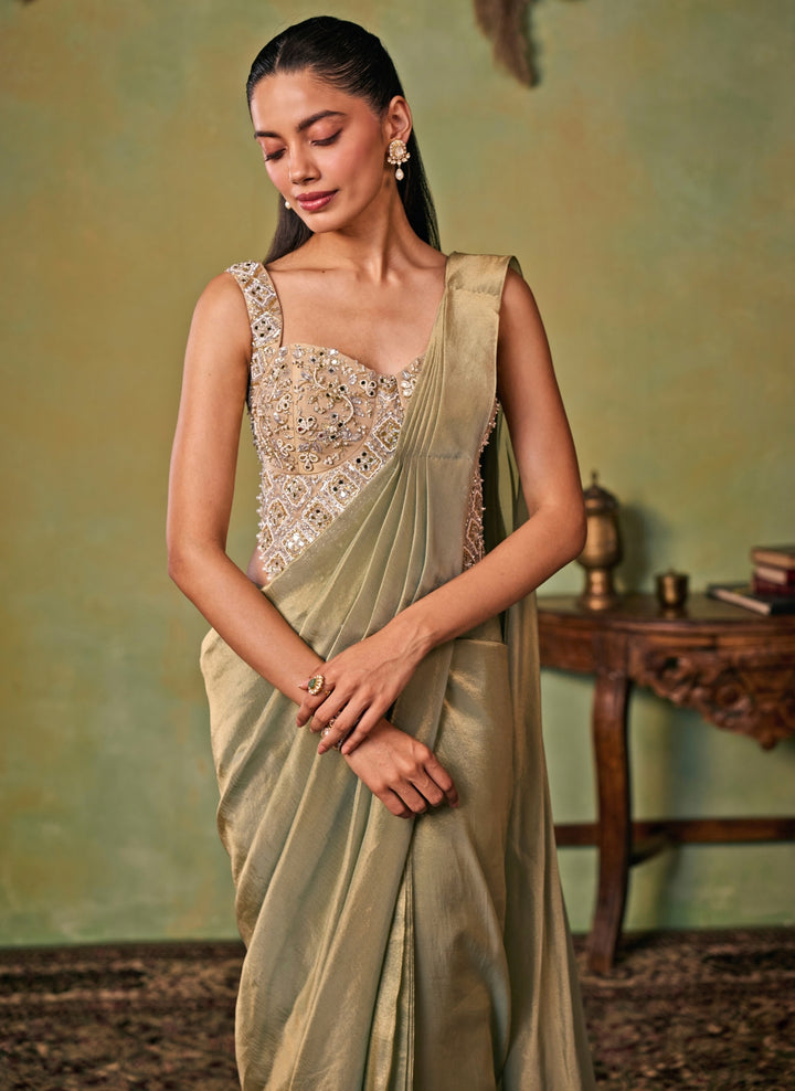 Metallic Green Tissue Pre-Draped Saree Set