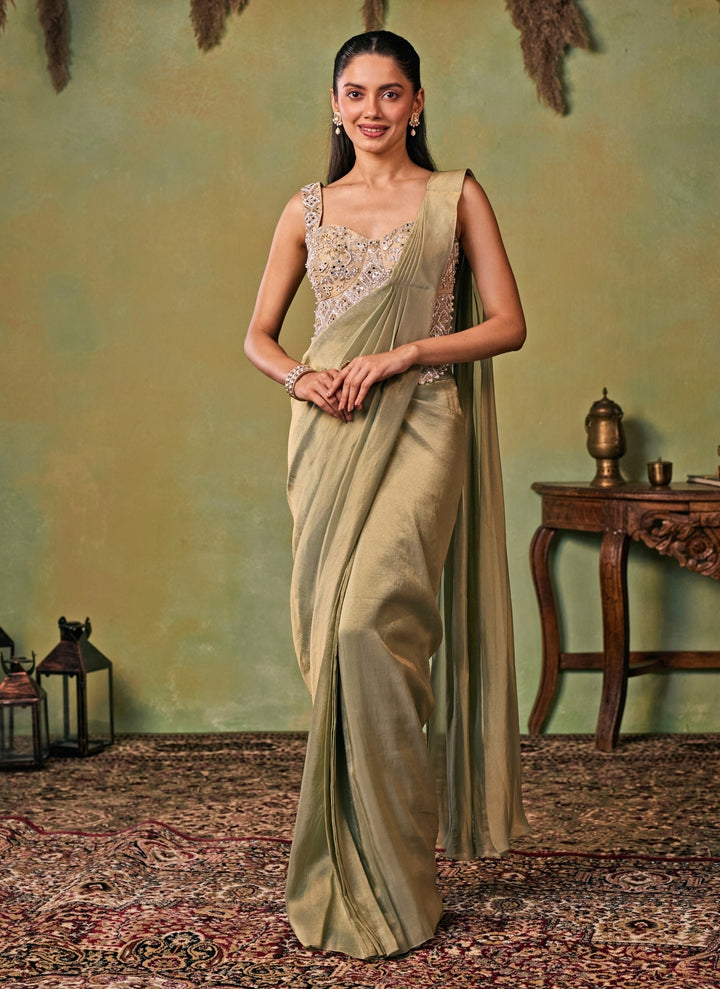 Metallic Green Tissue Pre-Draped Saree Set