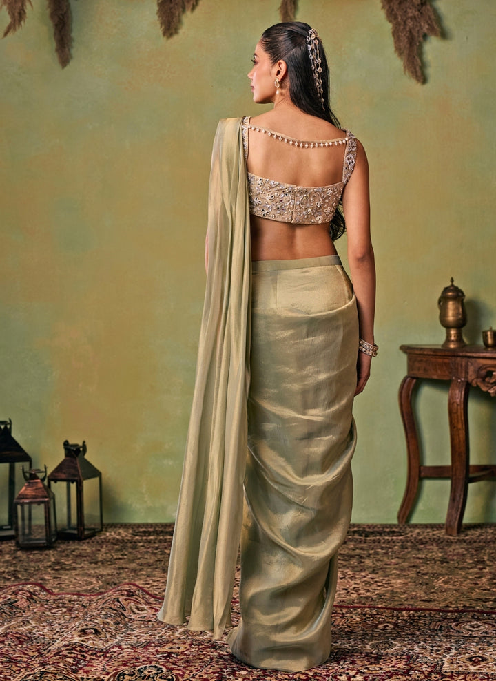 Metallic Green Tissue Pre-Draped Saree Set