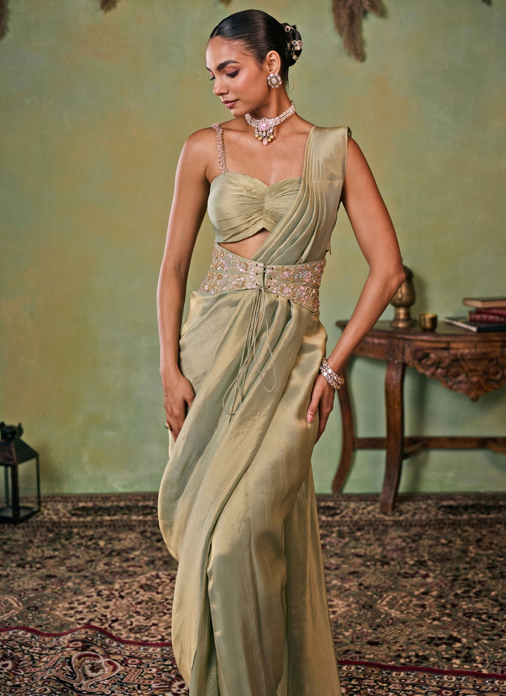Metallic Green Tissue Pre-Draped Saree With Corset Belt