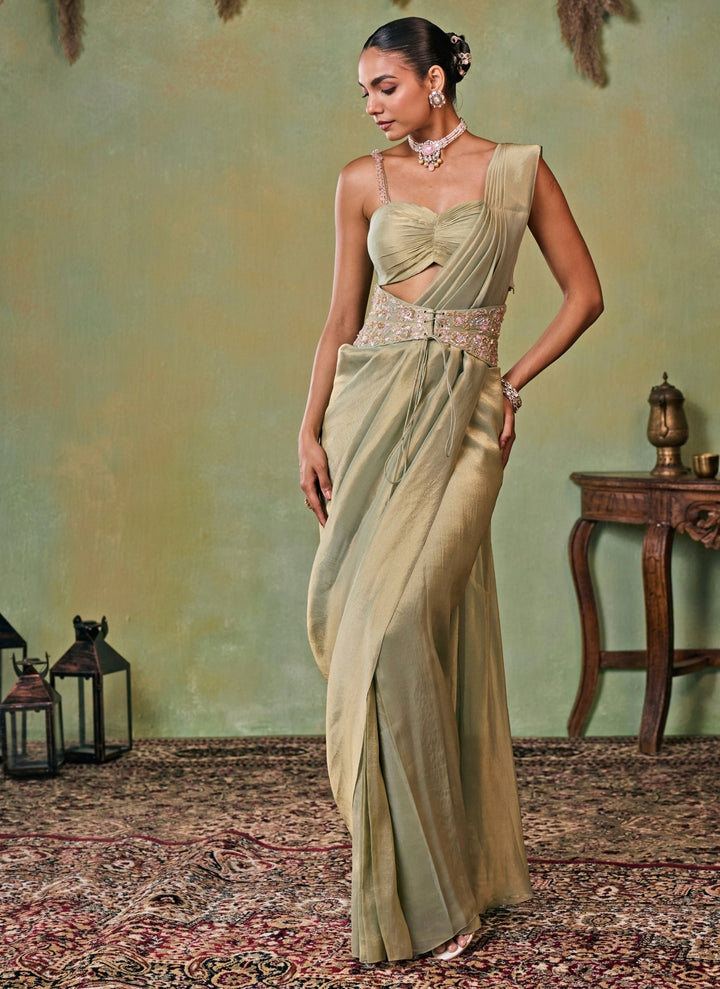 Metallic Green Tissue Pre-Draped Saree With Corset Belt