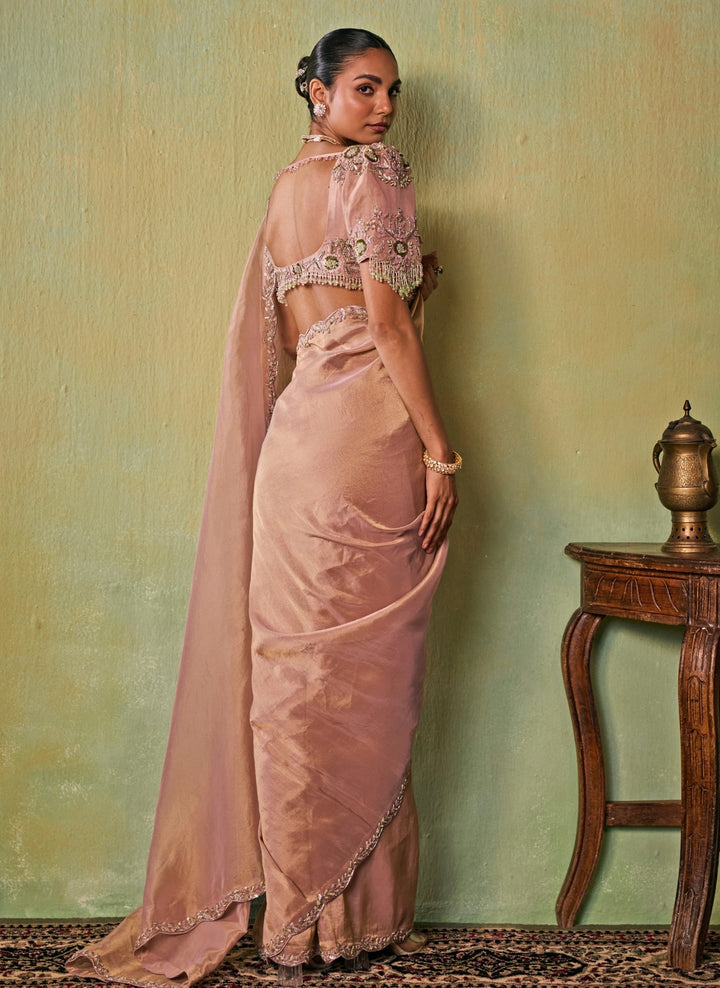 Dusty Pink Tissue Pre-Draped Saree