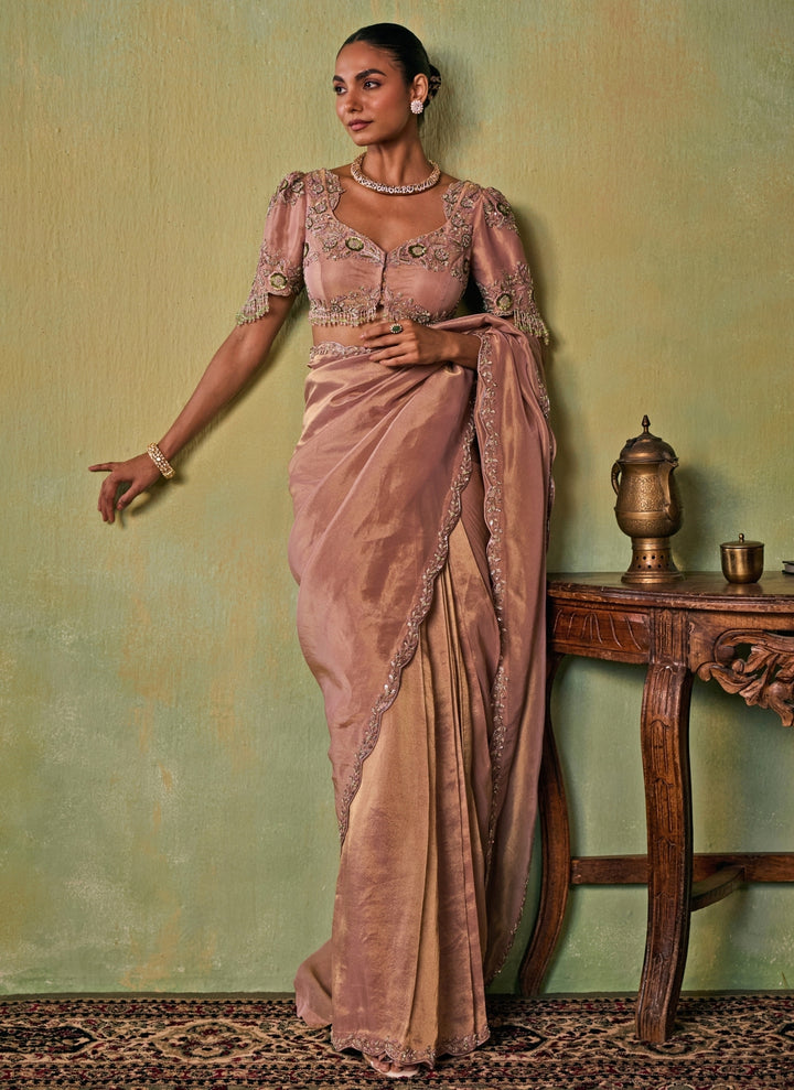 Dusty Pink Tissue Pre-Draped Saree