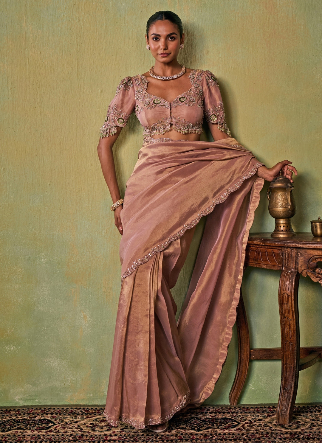 Dusty Pink Tissue Pre-Draped Saree