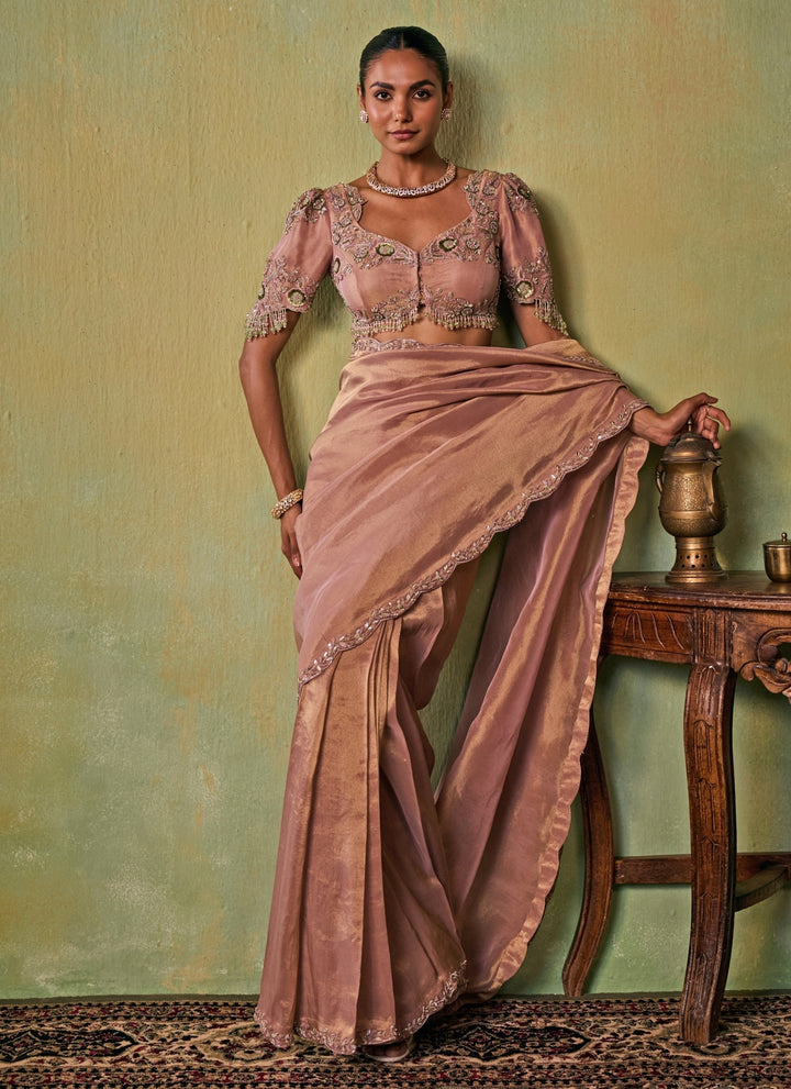 Dusty Pink Tissue Pre-Draped Saree