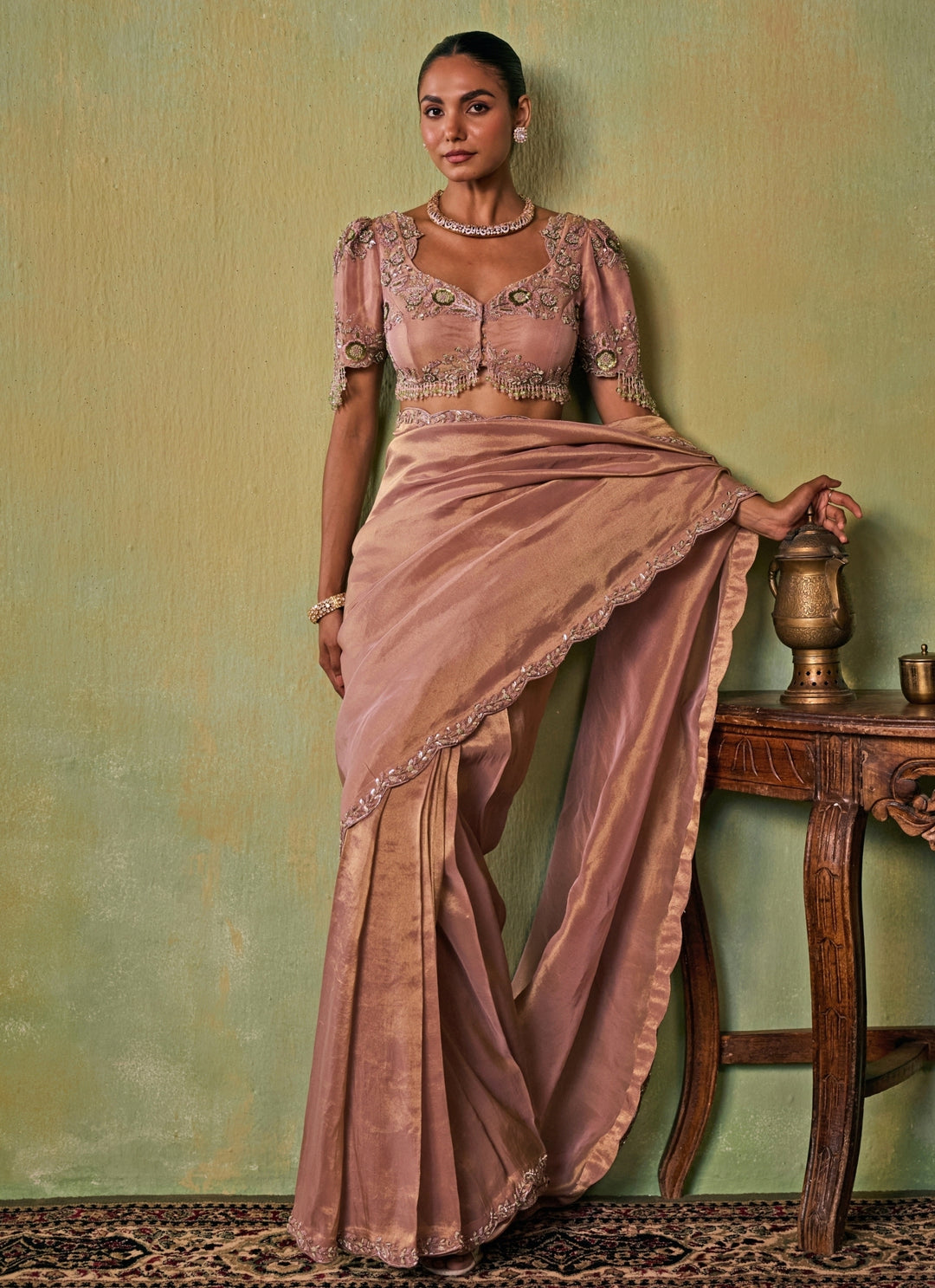 Dusty Pink Tissue Pre-Draped Saree