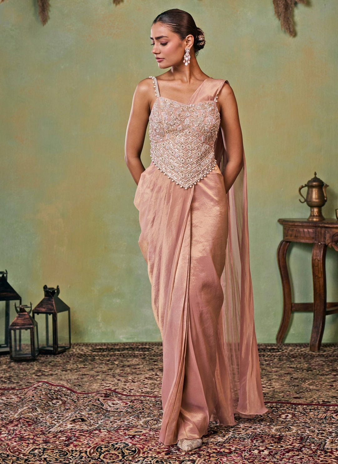 Dusty Pink Tissue Pre-Draped Saree With Corset Blouse