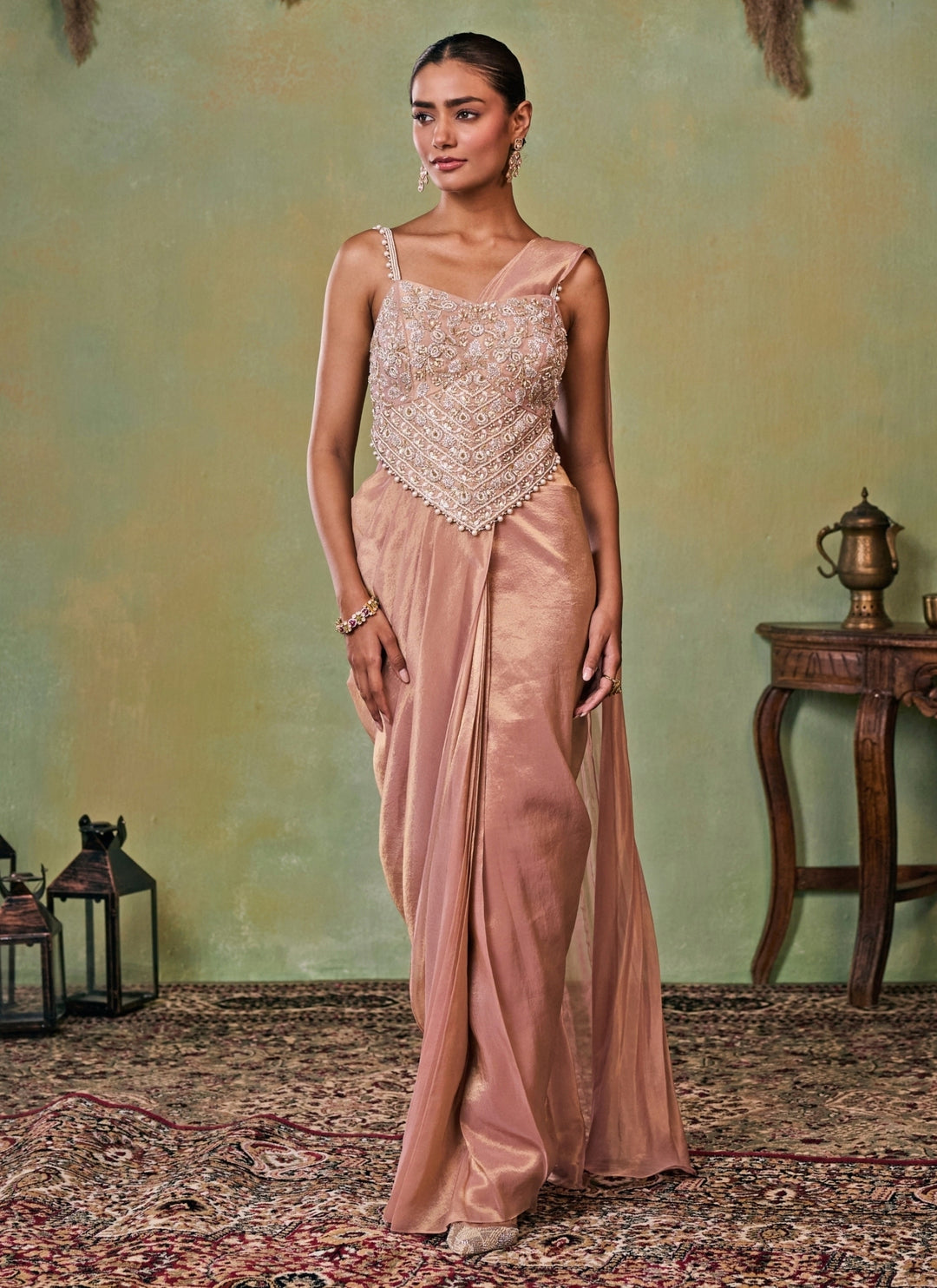 Dusty Pink Tissue Pre-Draped Saree With Corset Blouse