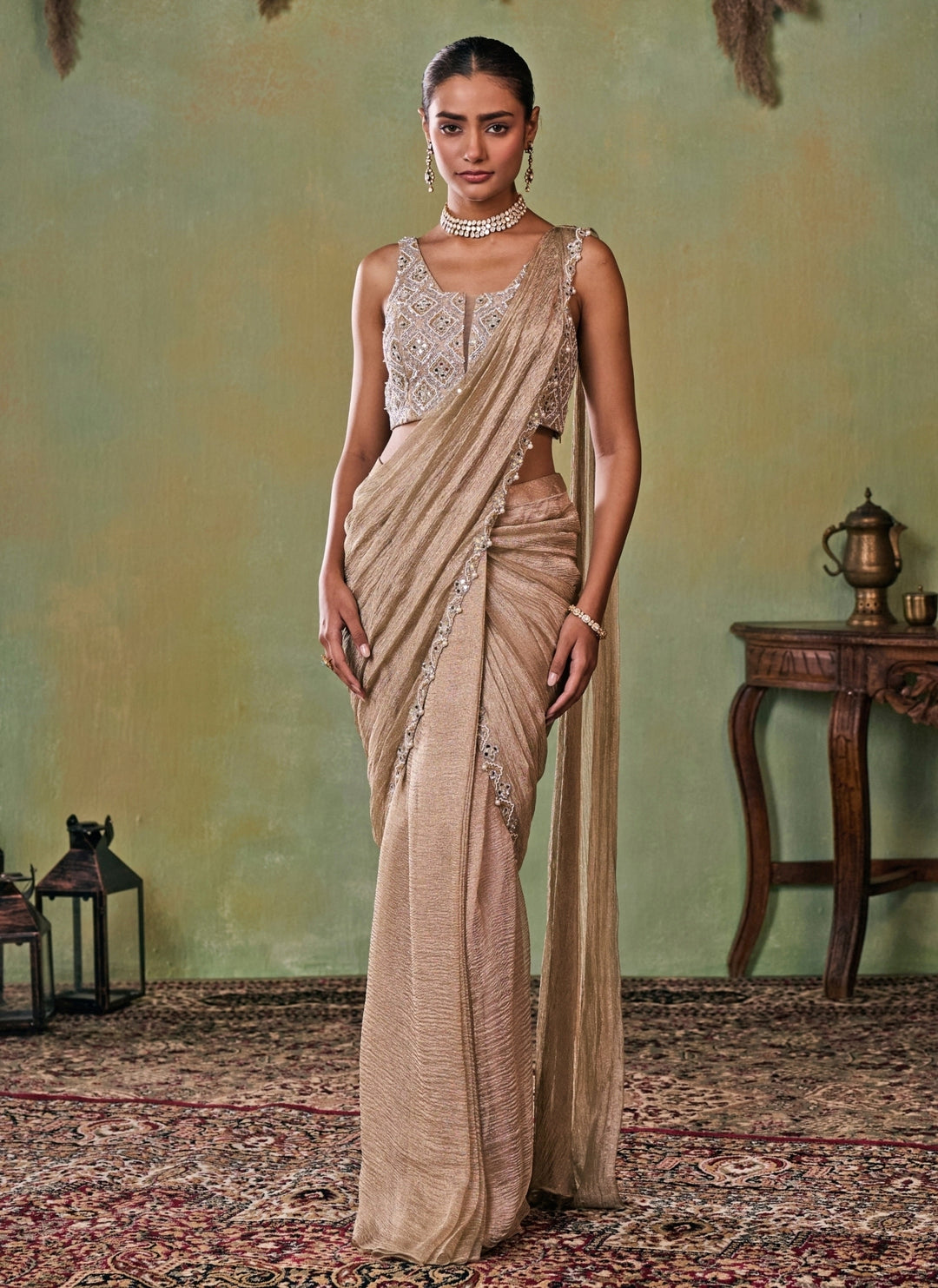 Gold Tissue Pre-Draped Saree Set