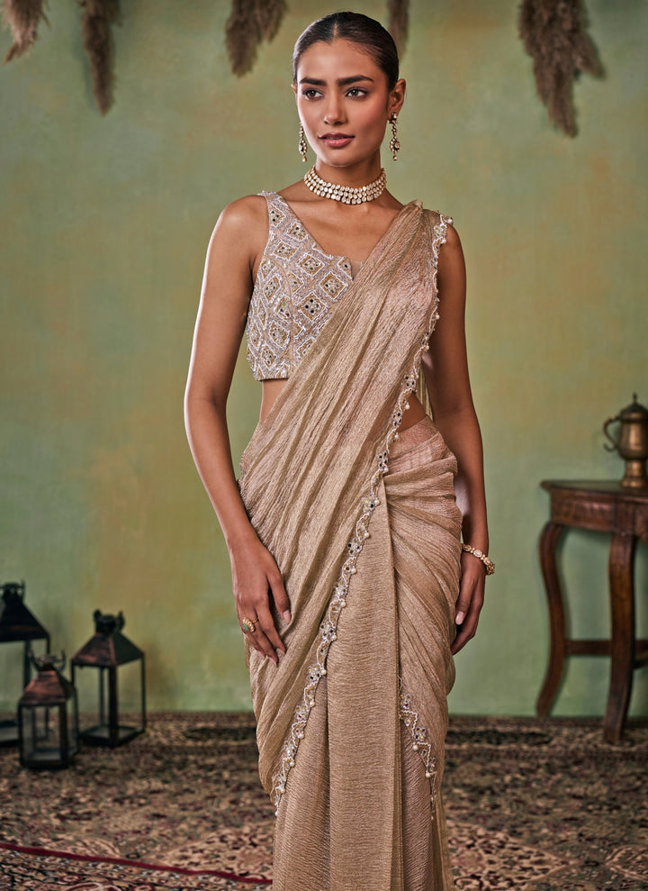 Gold Tissue Pre-Draped Saree Set