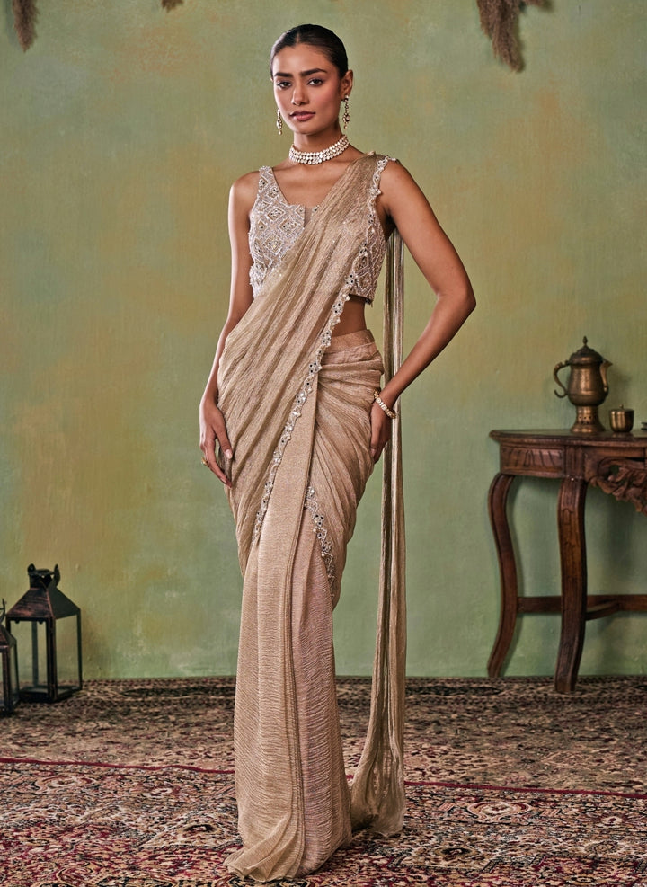 Gold Tissue Pre-Draped Saree Set