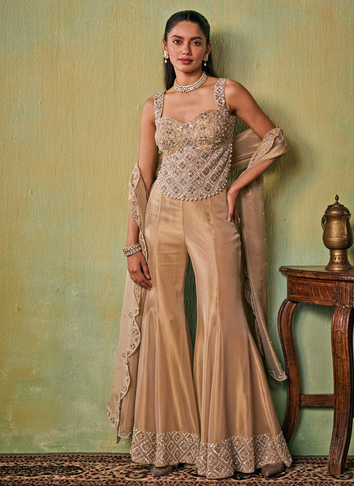 Gold Tissue Flared Pants Set with Corset