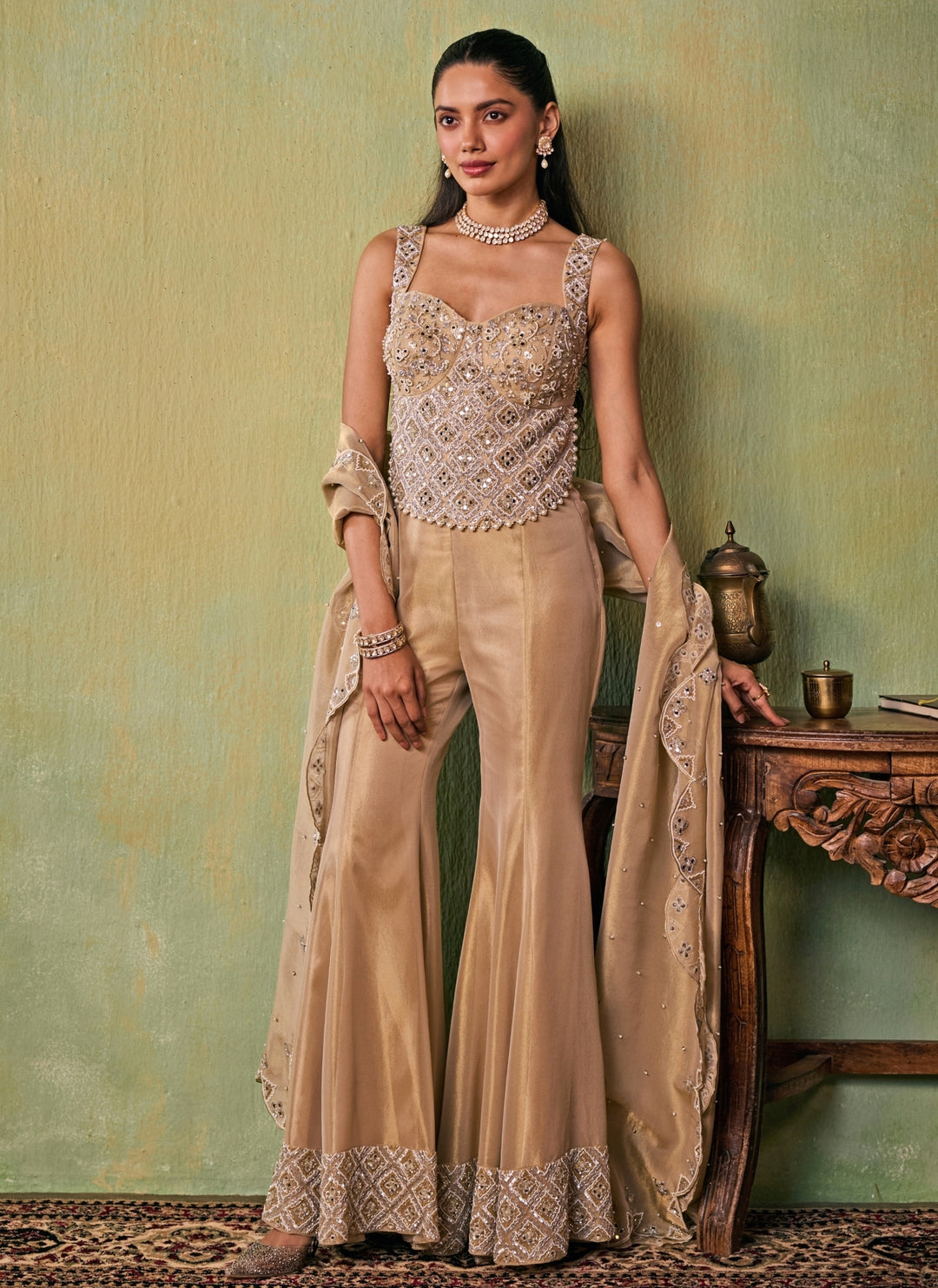 Gold Tissue Flared Pants Set with Corset