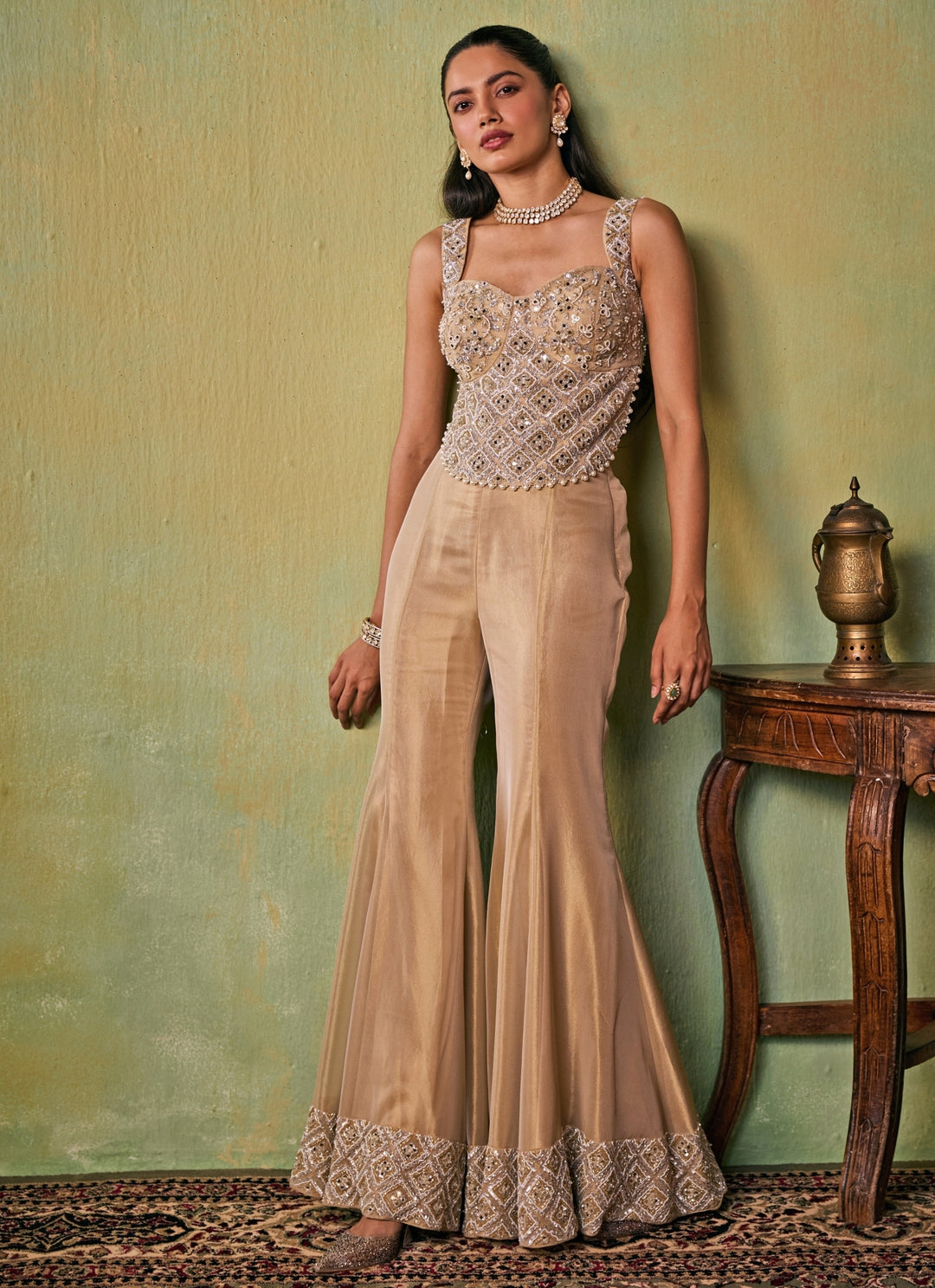 Gold Tissue Flared Pants Set with Corset