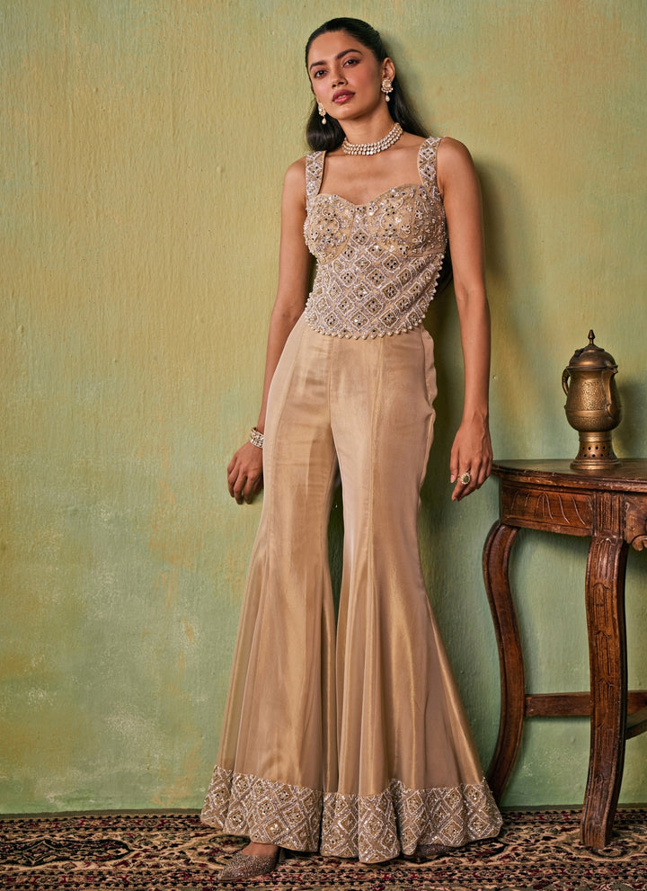 Gold Tissue Flared Pants Set with Corset