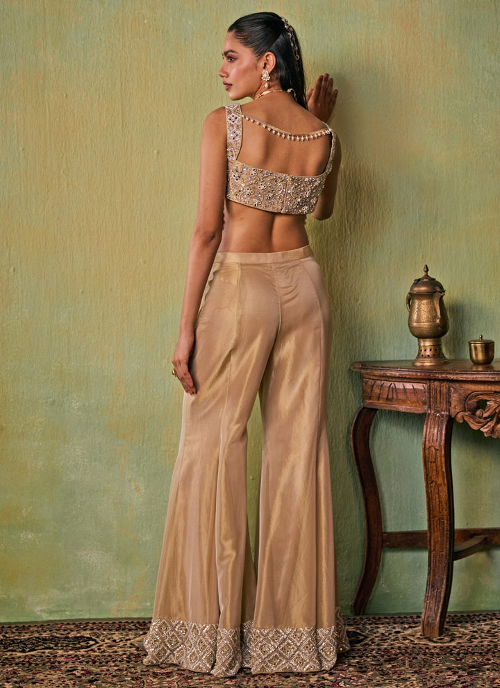 Gold Tissue Flared Pants Set with Corset